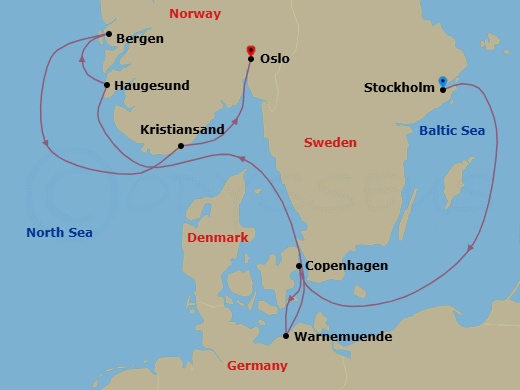 8 Night - Northern Europe - MSC Magnifica - Starting in Stockholm, Sweden, Copenhagen, Denmark, Warnemunde (Berlin), Germany, Haugesund, Norway, Bergen, Norway, Kristiansand, Norway, Oslo, Norway itinerary map
