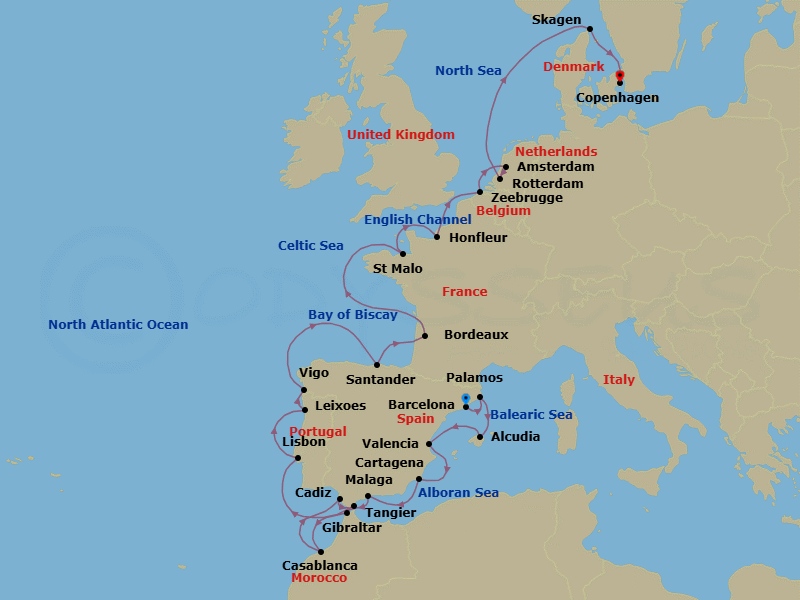 28 Night - Cruise from Barcelona to Copenhagen - Silver Spirit - Starting in Barcelona, Palamos, Alcudia, Valencia, Cartagena ES, Malaga, Tangier, Casablanca, Cadiz, Gibraltar, Lisbon, Oporto, Vigo, Santander, Bordeaux, Saint Malo, Honfleur, Zeebrugge, Amsterdam, Rotterdam, Skagen, Copenhagen itinerary map