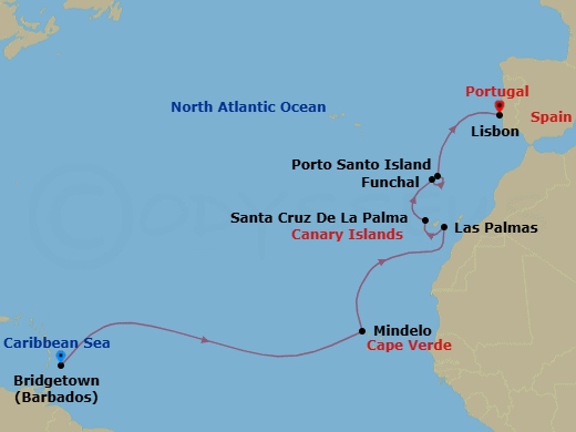 14 Night - Bridgetown to Lisbon - Silver Spirit - Starting in Bridgetown, Mindelo, Las Palmas, Canary Islands, Santa Cruz de La Palma, Funchal, Madeira, Porto Santo, Madeira, Lisbon itinerary map