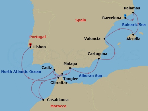12 Night - Barcelona to Lisbon - Silver Spirit - Starting in Barcelona, Palamos, Alcudia, Mallorca, Valencia, Cartagena ES, Spain, Malaga (Costa del Sol), Tangier, Casablanca, Cadiz, Gibraltar, Lisbon itinerary map