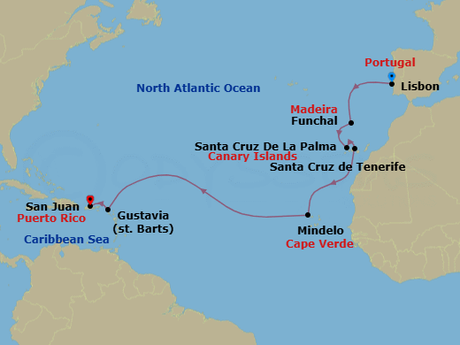 14 Night - Lisbon to San Juan - Silver Dawn - Starting in Lisbon, Funchal, Madeira, Santa Cruz de La Palma, Santa Cruz de Tenerife, Mindelo, Gustavia, St Barthelemy, San Juan itinerary map