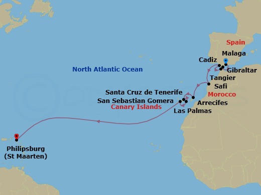 24 Night - Westbound Atlantic Ocean Crossing - Star Flyer - Starting in Malaga, Spain, Gibraltar, British Overseas Territory, Tangier, Morocco, Cadiz, Spain, Safi, Morocco, Arrecife / Lanzarote / Canary Islands, Spain, Santa Cruz de Tenerife, Las Palmas, Gran Canaria / Canary Islands, Spain, San Sebastian / La Gomera, Spain, Philipsburg, St Maarten itinerary map