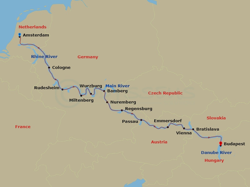 14 Night - Across Europe - Amsterdam to Budapest - MS Amadeus Queen - Starting in Amsterdam, Cologne, Rudesheim, Miltenberg, Wurzburg, Bamberg, Nuremberg, Regensburg, Passau, Emmersdorf, Vienna, Bratislava, Budapest itinerary map