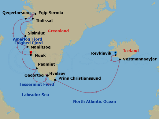 13 Night - Reykjavik to Nuuk - Silver Wind - Starting in Reykjavik, Vestmannaeyjar, Cruise Prince Christian Sound, Tassermiut Fjord, Qaqortoq (Julianehab), Hvalsey, Paamiut, Maniitsoq, Qeqertarsuaq, Eqip Sermia Glacier, Ilulissat, Sisimiut, Amerloq Fjord, Evighedsfjord, Nuuk (Godthab) itinerary map