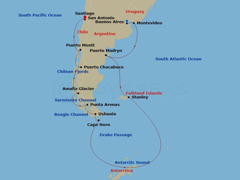 22 Night - South America & Antarctica - Oosterdam - Starting in Buenos Aires, Argentina, Montevideo, Uruguay, Puerto Madryn, Argentina, Port Stanley, Falkland Islands, Antarctic, Drake Passage and Cape Horn, Ushuaia, Argentina, Daylight cruising Glacier Alley, Beagle Channel, Punta Arenas, Chile, Strait of Magellan, Scenic cruising Sarmiento Channel, Scenic cruising Amalia or Brujo Glacier, Cruising Chilean Fjords, Puerto Chacabuco, Chile, Puerto Montt, Chile, San Antonio CL (Santiago), Chile itinerary map