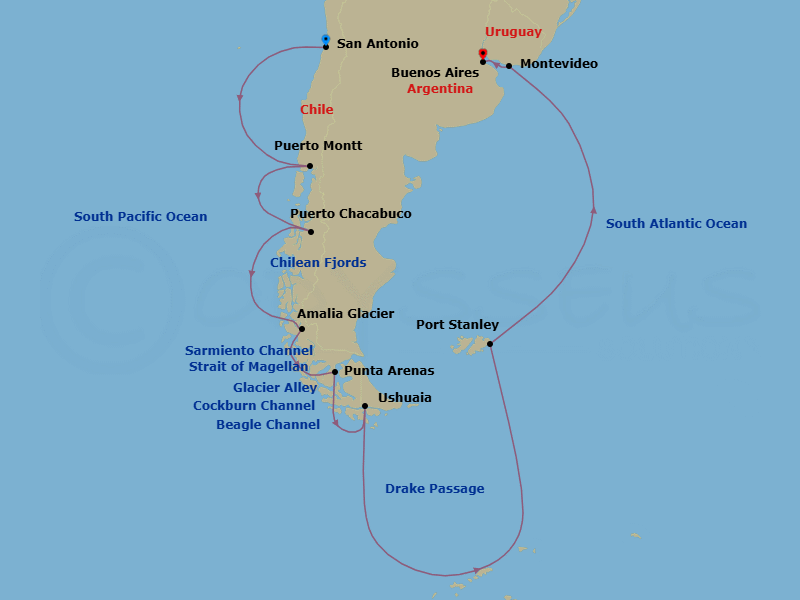 22 Night - South America & Antarctica - Oosterdam - Starting in San Antonio CL (Santiago), Chile, Puerto Montt, Chile, Puerto Chacabuco, Chile, Cruising Chilean Fjords, Scenic cruising Amalia or Brujo Glacier, Scenic cruising Sarmiento Channel, Strait of Magellan, Punta Arenas, Chile, Cockburn Channel, Beagle Channel, Daylight cruising Glacier Alley, Ushuaia, Argentina, Cape Horn and Drake Passage, Antarctic, Port Stanley, Falkland Islands, Montevideo, Uruguay, Buenos Aires, Argentina itinerary map