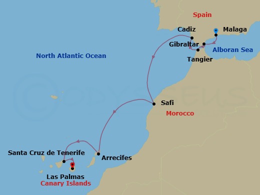 9 Night - Morocco & Canary Islands - Star Flyer - Starting in Malaga, Spain, Gibraltar, British Overseas Territory, Tangier, Morocco, Cadiz, Spain, Safi, Morocco, Arrecife / Lanzarote / Canary Islands, Spain, Santa Cruz de Tenerife, Las Palmas, Gran Canaria / Canary Islands, Spain itinerary map