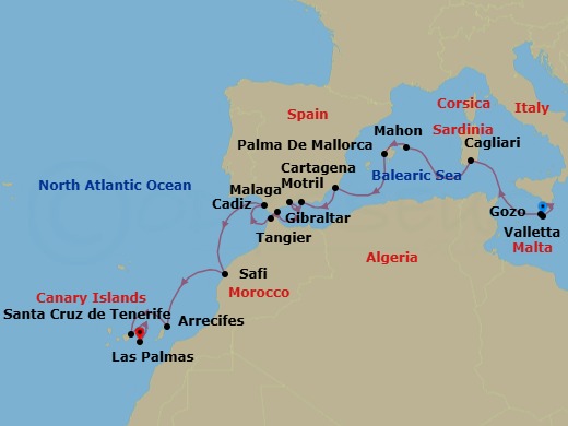 19 Night - Grand Voyage : Malta, Balearics & Spain - Star Flyer - Starting in Valletta, Malta, Gozo, Malta, Cagliari / Sardinia, Italy, Mahon / Menorca / Balearic Islands, Spain, Palma De Mallorca, Mallorca / Balearic Islands, Spain, Cartagena ES, Motril, Spain, Malaga, Spain, Gibraltar, British Overseas Territory, Tangier, Morocco, Cadiz, Spain, Safi, Morocco, Arrecife / Lanzarote / Canary Islands, Spain, Santa Cruz de Tenerife, Las Palmas, Gran Canaria / Canary Islands, Spain itinerary map