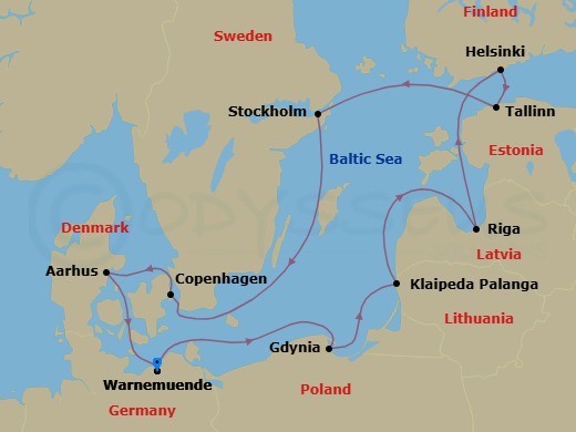 11 Night - Northern Europe - MSC Magnifica - Starting in Warnemunde (Berlin), Germany, Gdynia (Gdansk), Poland, Klaipeda, Lithuania, Riga, Latvia, Helsinki, Finland, Tallinn, Estonia, Stockholm, Sweden, Copenhagen, Denmark, Aarhus, Denmark, Warnemunde (Berlin), Germany itinerary map