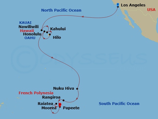 22 Night - Los Angeles to Papeete - Silver Dawn - Starting in Los Angeles, California, Nawiliwili, Kauai, Hawaii, Kahului, Hawaii, Hilo, Hawaii, Honolulu, Oahu, Hawaii, Nuku Hiva, Marquesas Islands, Rangiroa, Moorea Island, Raiatea, Papeete (Tahiti) itinerary map