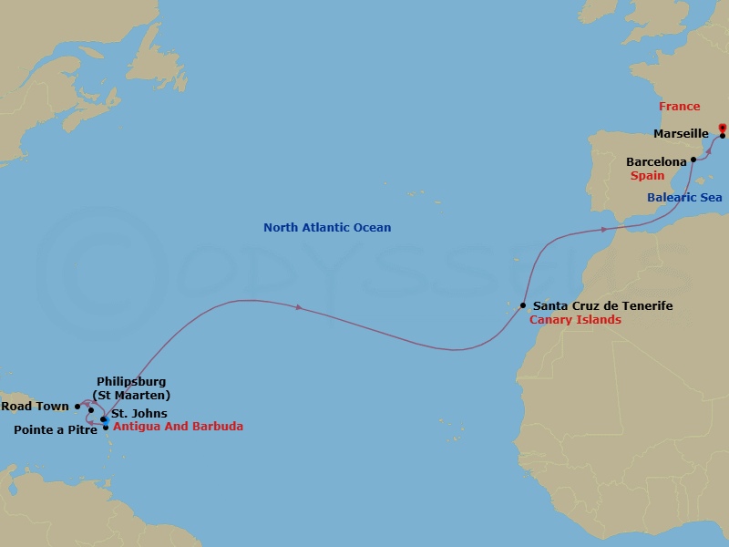 14 Night - East Caribbean - MSC World Europa - Starting in Pointe-A-Pitre, Guadeloupe, Philipsburg, St Maarten, Road Town (Tortola), British Virgin Islands, St Johns AG, Antigua, Santa Cruz de Tenerife, Barcelona, Spain, Marseille (Provence), France itinerary map