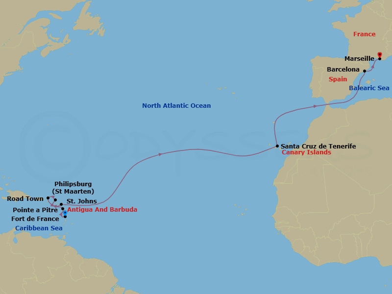 15 Night - Msc Grand Voyages - MSC World Europa - Starting in Fort-de-France, Martinique, Pointe-A-Pitre, Guadeloupe, Philipsburg, St Maarten, Road Town (Tortola), British Virgin Islands, St Johns AG, Antigua, Santa Cruz de Tenerife, Barcelona, Spain, Marseille (Provence), France itinerary map