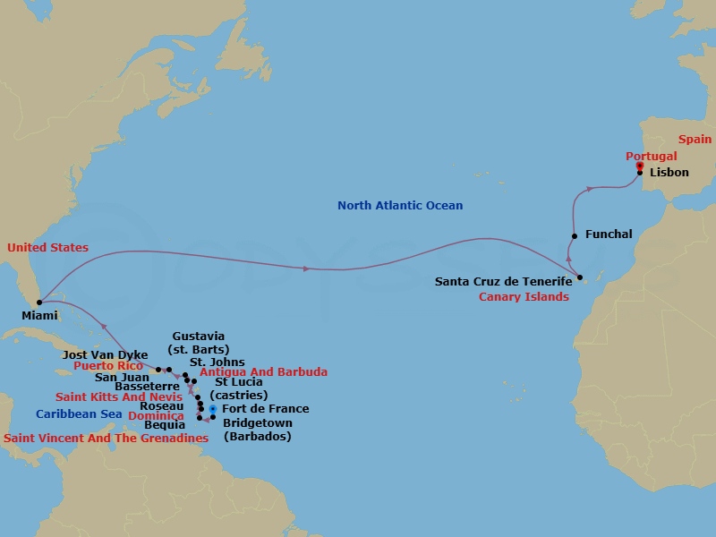 26 Night - Caribbean from Bridgetown to Lisbon - Silver Ray - Starting in Bridgetown, Bequia, Castries, Fort-de-France, Roseau, St Johns AG, St Kitts, Gustavia, Jost Van Dyke, San Juan, Miami, Santa Cruz de Tenerife, Funchal, Lisbon itinerary map