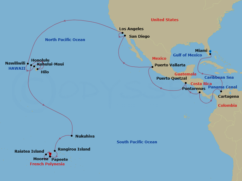 40 Night - Cruise from Miami to Papeete - Silver Dawn - Starting in Miami, Cartagena CO, Panama Canal Transit, Puntarenas, Puerto Quetzal, Puerto Vallarta, San Diego, Los Angeles, Nawiliwili, Kahului, Hilo, Honolulu, Nuku Hiva, Rangiroa, Moorea Island, Raiatea, Papeete itinerary map