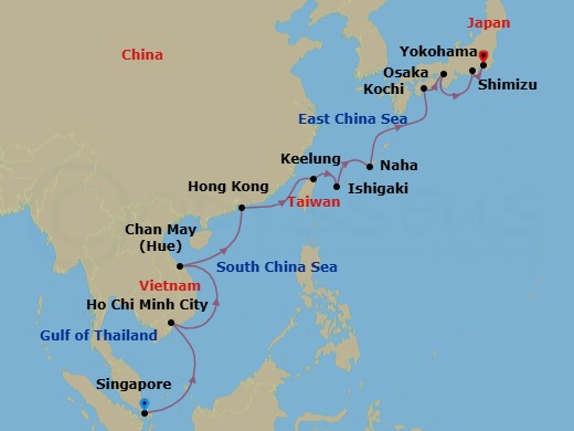 16 Night - Singapore, Vietnam & Japan Cruise : Ho Chi Minh City, Hong Kong & Osaka - Azamara Pursuit - Starting in Singapore, Ho Chi Minh City, Hue (Chan May), Hong Kong, Taipei (Keelung), Ishigaki, Naha, Okinawa, Kochi, Osaka, Mount Fuji (Shimizu), Tokyo (Yokohama) itinerary map