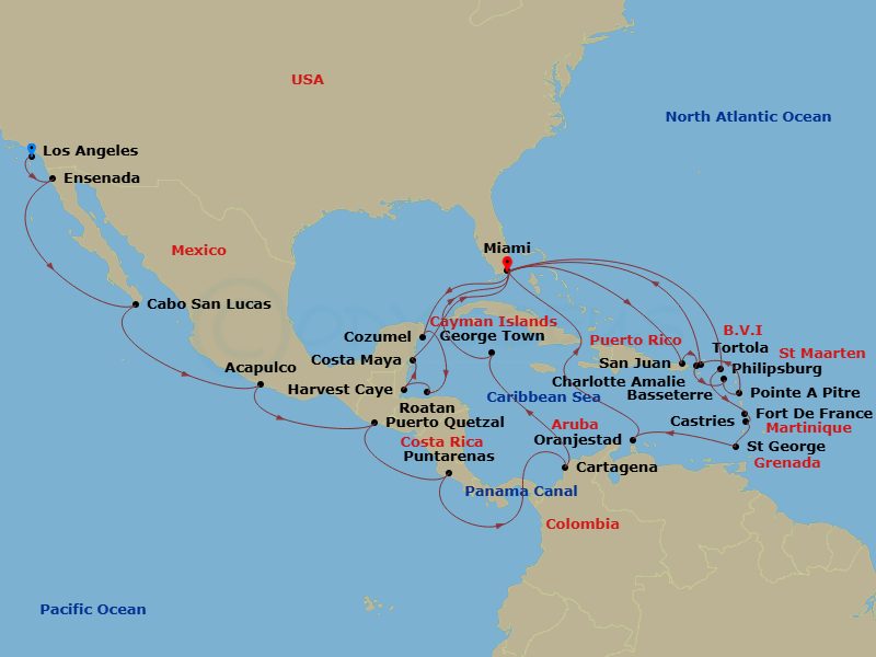 44 Night - Sun, Sand & Seas of Stars - Oceania Sonata - Starting in Los Angeles, Ensenada, Cabo San Lucas, Acapulco, Puerto Quetzal, Puntarenas, Panama Canal Daylight Transit, Cartagena CO, George Town, Miami, Philipsburg, Fort-de-France, Castries, St Georges, Oranjestad, Miami, San Juan, Charlotte Amalie, Basseterre, Pointe-a-Pitre, Tortola, Miami, Cruising the Straits of Florida, Cozumel, Mexico, Roatan, Harvest Caye, Costa Maya, Mexico, Cruising the Straits of Florida, Miami itinerary map