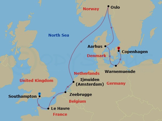 12 Night - Tower of London & Garden of England Pre Cruisetour - Norwegian Jewel Tours - Starting in At Hotel, London (Southampton), United Kingdom, Le Havre / Paris, France, Zeebrugge / Brussels / Brugge, Belgium, Amsterdam / Ijmuiden, Netherlands, Oslo, Norway, Aarhus, Denmark, Warnemunde / Berlin, Germany, Copenhagen, Denmark itinerary map