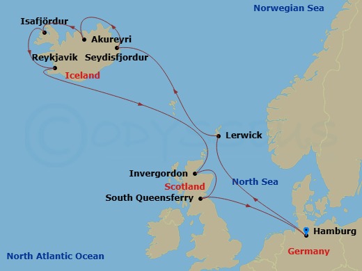 12 Night - Northern Europe - MSC Preziosa - Starting in Hamburg, Germany, Lerwick (Shetland Islands), United Kingdom, Seydisfjordur, Iceland, Akureyri Island, Isafjordur Island, Reykjavik, Iceland, Invergordon, United Kingdom, South Queensferry (Edinburgh), United Kingdom, Hamburg, Germany itinerary map