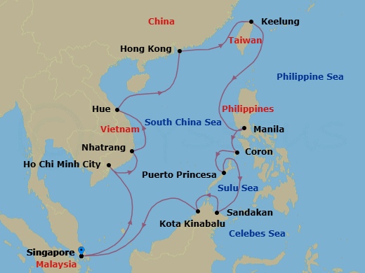28 Night - Asia and Asia Pacific Roundtrip from Singapore - Silver Muse - Starting in Singapore, Ho Chi Minh City, Nha Trang, Chan May, Ha Long Bay, Hong Kong, Keelung, Manila, Coron, Puerto Princesa, Sandakan, Kota Kinabalu, Singapore itinerary map