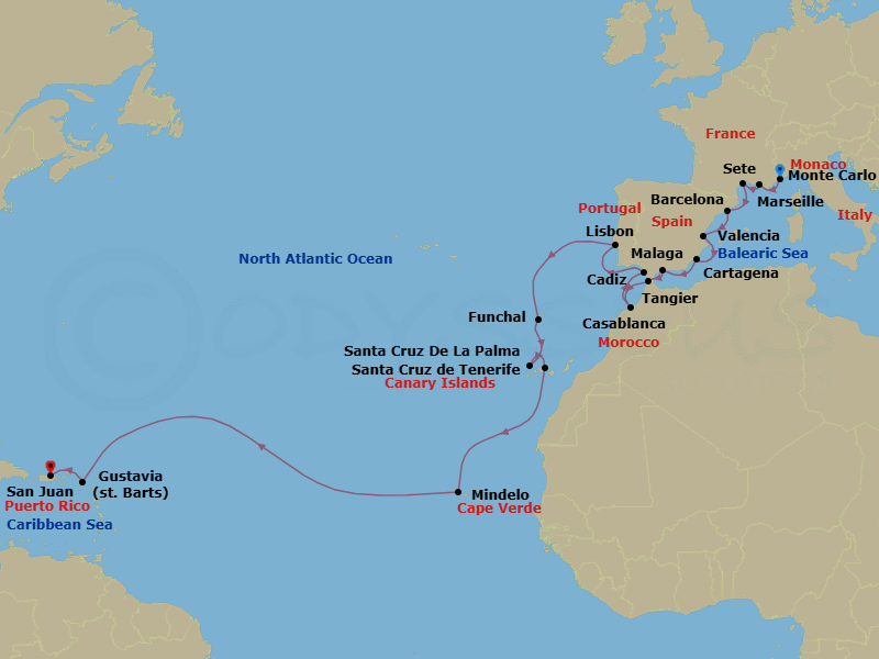 26 Night - Cruise from Monte Carlo to San Juan - Silver Dawn - Starting in Monte Carlo, Marseille, Sete, Barcelona, Valencia, Cartagena ES, Malaga, Tangier, Casablanca, Cadiz, Lisbon, Funchal, Santa Cruz de La Palma, Santa Cruz de Tenerife, Mindelo, Gustavia, San Juan itinerary map
