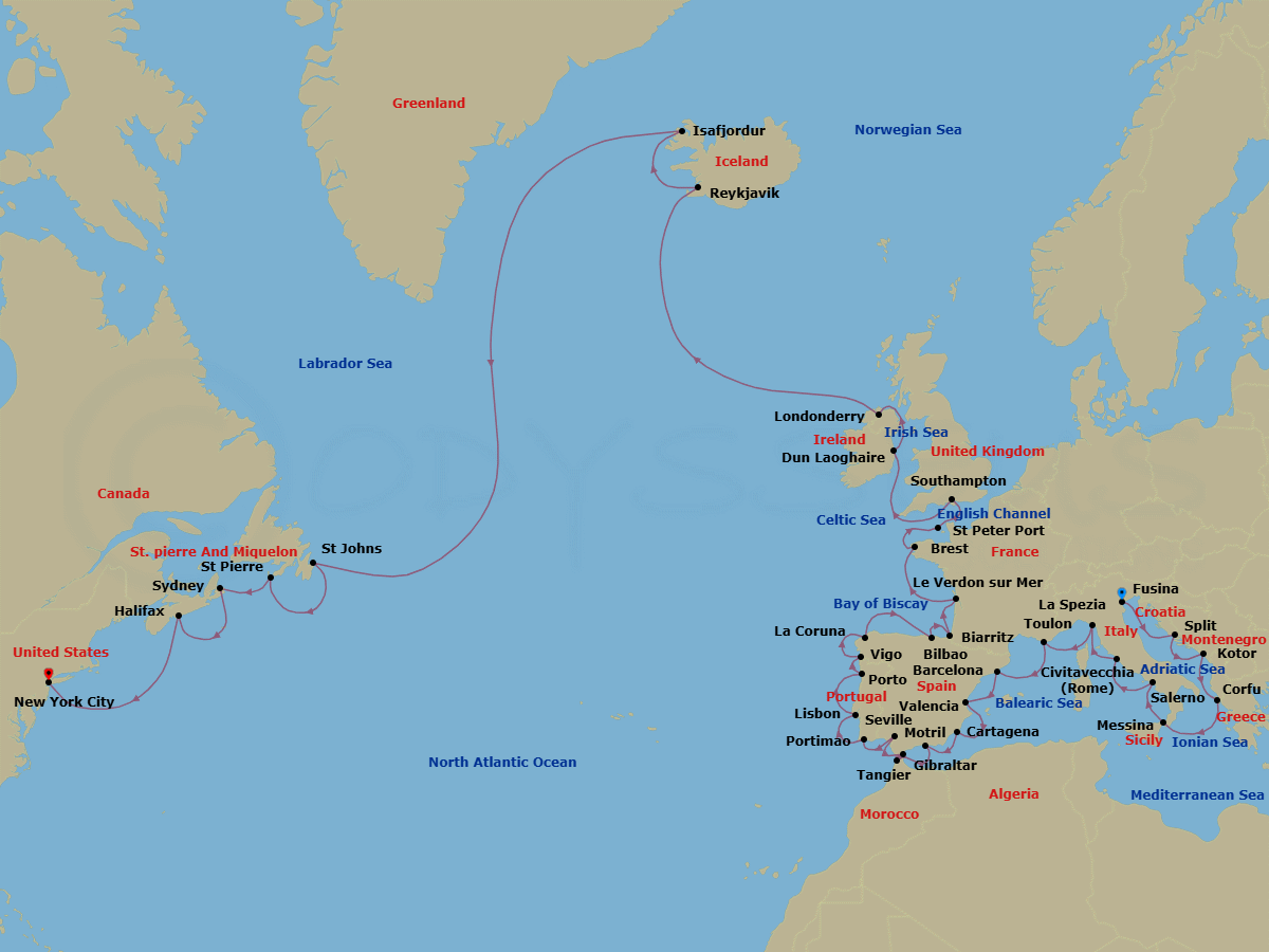 43 Night - Land of Love to Lady Liberty - Oceania Sirena - Starting in Venice (Fusina), Split, Kotor, Corfu, Messina (Sicily), Salerno, Rome (Civitavecchia), Cinque Terre (La Spezia), Toulon, Barcelona, Valencia, Cartagena ES, Granada (Motril), Tangier, Gibraltar, Seville, Portimao, Lisbon, Oporto, Santiago De Compostela (Vigo), La Coruna, Bilbao, Biarritz (Saint-Jean-De-Luz), Bordeaux (Le Verdon), Brest, St Peter Port, Guernsey, London (Southampton), Dublin (Dun Laoghaire), Londonderry, Reykjavik, Isafjordur, St Johns, Saint-Pierre, Sydney CA, Halifax, New York itinerary map