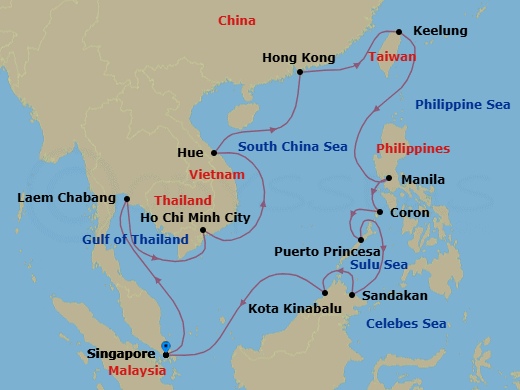 28 Night - Asia and Asia Pacific Roundtrip from Singapore - Silver Muse - Starting in Singapore, Bangkok, Ho Chi Minh City, Chan May, Ha Long Bay, Hong Kong, Keelung, Manila, Coron, Puerto Princesa, Sandakan, Kota Kinabalu, Singapore itinerary map