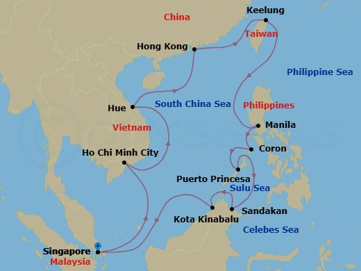 28 Night - Asia and Asia Pacific Roundtrip from Singapore - Silver Muse - Starting in Singapore, Ho Chi Minh City, Chan May, Ha Long Bay, Hong Kong, Keelung, Manila, Coron, Puerto Princesa, Sandakan, Kota Kinabalu, Singapore itinerary map