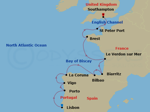 9 Night - Iberia to English Channel - Oceania Sirena - Starting in Lisbon, Oporto, Santiago De Compostela (Vigo), La Coruna, Bilbao, Biarritz (Saint-Jean-De-Luz), Bordeaux (Le Verdon), Brest, St Peter Port, Guernsey, London (Southampton) itinerary map