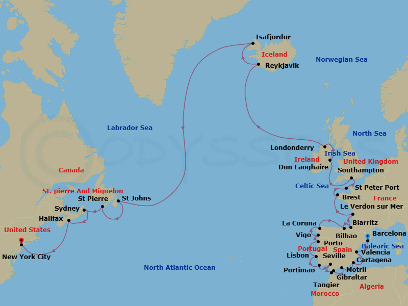 34 Night - Cultural Crossing - Oceania Sirena - Starting in Barcelona, Valencia, Cartagena ES, Granada (Motril), Tangier, Gibraltar, Seville, Portimao, Lisbon, Oporto, Santiago De Compostela (Vigo), La Coruna, Bilbao, Biarritz (Saint-Jean-De-Luz), Bordeaux (Le Verdon), Brest, St Peter Port, Guernsey, London (Southampton), Dublin (Dun Laoghaire), Londonderry, Reykjavik, Isafjordur, St Johns, Saint-Pierre, Sydney CA, Halifax, New York itinerary map