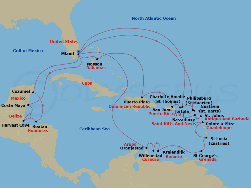 31 Night - Loving the Island Life - Oceania Sirena - Starting in Miami, Cozumel, Mexico, Roatan, Harvest Caye, Costa Maya, Mexico, Miami, Oranjestad, Willemstad AN, Kralendijk, St Georges, Castries, Pointe-a-Pitre, Philipsburg, Miami, Nassau, Puerto Plata, Dominican Republic, San Juan, Charlotte Amalie, Basseterre, St Johns, Gustavia, Tortola, Miami itinerary map