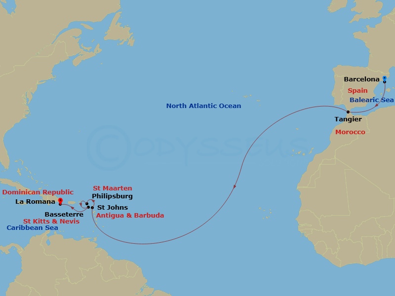 14 Night - Msc Grand Voyages - MSC Opera - Starting in Barcelona, Spain, Tangier (Tetouan), Morocco, St Johns AG, Antigua, Philipsburg, St Maarten, Basseterre, Sao Cristovao, Nevis, La Romana, Dominican Republic itinerary map