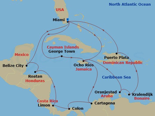 21 Night - Caribbean and Antilles - MSC Poesia - Starting in Miami, Florida, George Town, Cayman Islands, Ocho Rios, Jamaica, Oranjestad, Aruba, Kralendijk, Bonaire, Puerto Plata, Dominican Republic, Miami, Florida, Ocho Rios, Jamaica, Cartagena CO, Colon, Panama, Puerto Limon, Costa Rica, Isla De Roatan, Honduras, Belize City, Belize, Miami, Florida itinerary map