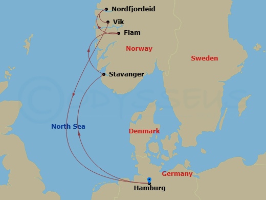 7 Night - North Europe from Hamburg - Costa Favolosa - Starting in Hamburg, Stavanger, Flam, Norway, Nordfjordeid, Vik-sogn, Hamburg itinerary map