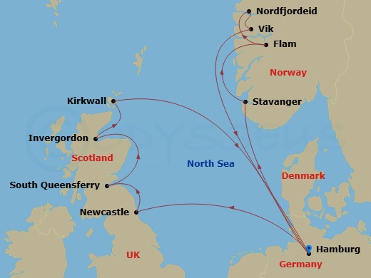 14 Night - North Europe from Hamburg - Costa Favolosa - Starting in Hamburg, Newcastle upon Tyne, South Queensferry, UK, Invergordon, United Kingdom, Kirkwall, Hamburg, Stavanger, Flam, Norway, Nordfjordeid, Vik-sogn, Hamburg itinerary map