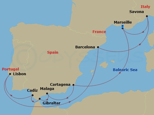 11 Night - Western Mediterranean from Marseille - Costa Favolosa - Starting in Marseille, Cartagena ES, Spain, Malaga, Gibraltar, Cadice, Lisbon, Barcelona, Savona, Marseille itinerary map