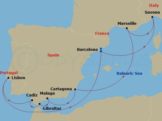 11 Night - Western Mediterranean from Barcelona - Costa Favolosa - Starting in Barcelona, Savona, Marseille, Cartagena ES, Spain, Malaga, Gibraltar, Cadice, Lisbon, Barcelona itinerary map