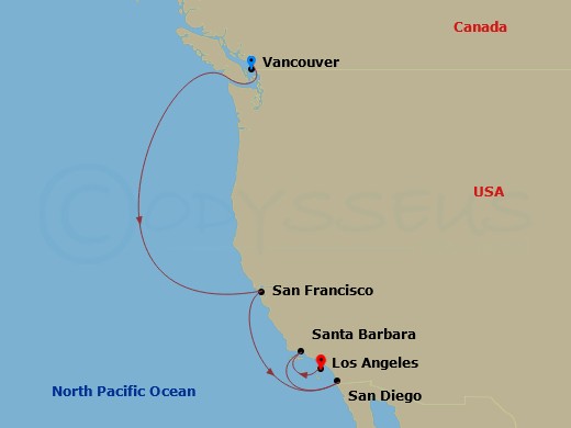 7 Night - Pacific Wine Country - Discovery Princess - Starting in Vancouver, Canada, San Francisco, California, San Diego, California, Santa Barbara, California, Los Angeles, California itinerary map