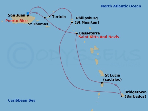 7 Night - Southern Caribbean - San Juan - Norwegian Prima - Starting in San Juan, Pr, Tortola, British Virgin Islands, Philipsburg, St Maarten, Netherland Antilles, Bridgetown, Barbados, St Lucia, Saint Lucia, Basseterre, Saint Kitts / Nevis, St Thomas, Vi, San Juan, Pr itinerary map