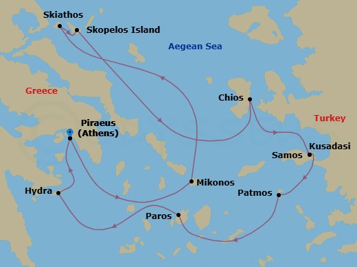 10 Night - Yachting the Less-Travelled Greek Isles, Mykonos and Turkey - Emerald Raiya - Starting in Athens (Piraeus), Greece, Mykonos, Greece, Skiathos, Greece, Skopelos, Greece, Chios, Greece, Kusadasi, Turkey / Samos Island, Greece, Samos Island, Greece / Patmos, Greece, Patmos, Greece, Paros, Greece, Hydra, Greece, Athens (Piraeus), Greece itinerary map