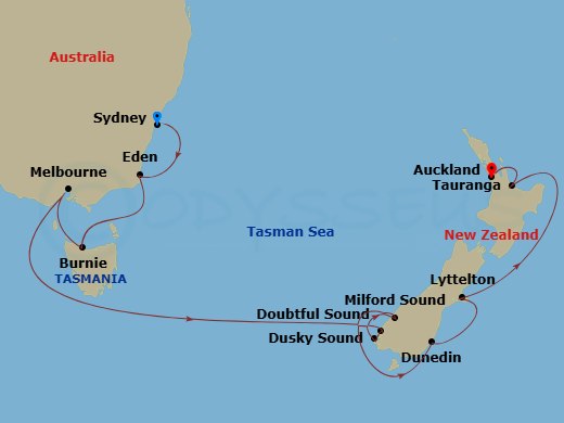 11 Night - Australia Product - Norwegian Spirit - Starting in Sydney AU, Eden, Australia, Burnie, Tasmania, Australia, Melbourne, Australia, Cruise Doubtful Sound, New Zealand, Cruise Dusky Sound, New Zealand, Milford Sound, New Zealand, Dunedin, New Zealand, Lyttleton, New Zealand, Tauranga, New Zealand, Auckland, New Zealand itinerary map