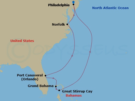 8 Night - Bahamas -Philadelphia - Norwegian Pearl - Starting in Philadelphia, Pa, Virginia Beach (Norfolk), Va, Orlando Beaches / Port Canaveral, Fl, Grand Bahama Island, Bahamas, Great Stirrup Cay, Bahamas, Philadelphia, Pa itinerary map