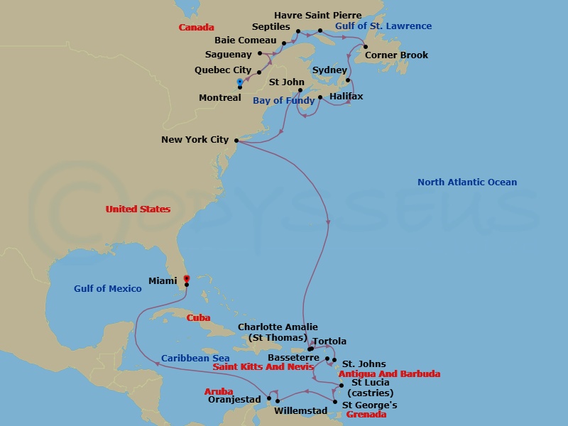 25 Night - Canada & Caribbean Isles - Oceania Vista - Starting in Montreal, Quebec City, Saguenay, Baie-Comeau, Sept-Iles, Havre, Saint Pierre, Corner Brook, Sydney CA, Halifax, Saint John NB (Bay of Fundy), New York, Charlotte Amalie, Tortola, St Johns, Basseterre, Castries, St Georges, Willemstad AN, Oranjestad, Miami itinerary map