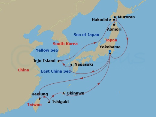 19 Night - Hokkaido Spring Flowers with Okinawa & Taiwan - Diamond Princess - Starting in Tokyo (Yokohama), Japan, Nagasaki, Japan, Jeju (Seogwipo), South Korea, Hakodate, Japan, Muroran, Japan, Aomori, Japan, Tokyo (Yokohama), Japan, Taipei (Keelung), Ishigaki, Japan, Okinawa, Japan, Tokyo (Yokohama), Japan itinerary map