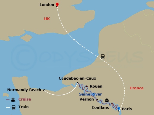 10 Night - Paris to Normandy with in London - Avalon Artistry II Tours - Starting in Paris, France (Embarkation), Vernon, Caudebec, Caudebec Excursion to Normandy, Rouen, Conflans, Paris, Paris (Disembarkation) London, United Kingdom, London itinerary map