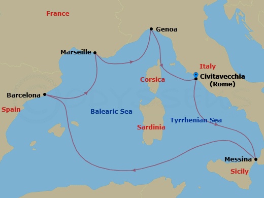 6 Night - Mediterranean - MSC World Europa - Starting in Civitavecchia (Rome), Italy, Messina (Taormina), Italy, Barcelona, Spain, Marseille (Provence), France, Genoa (Portofino), Italy, Civitavecchia (Rome), Italy itinerary map