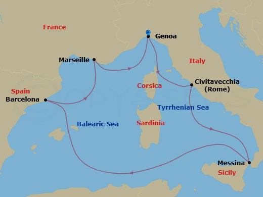 6 Night - Mediterranean - MSC World Europa - Starting in Genoa (Portofino), Italy, Civitavecchia (Rome), Italy, Messina (Taormina), Italy, Barcelona, Spain, Marseille (Provence), France, Genoa (Portofino), Italy itinerary map