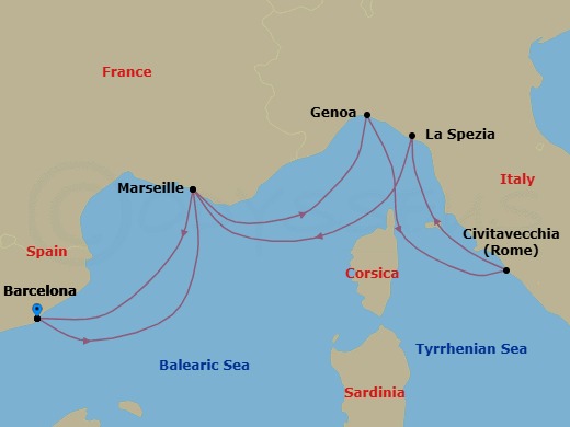 6 Night - Mediterranean - MSC World Europa - Starting in Barcelona, Spain, Marseille (Provence), France, Genoa (Portofino), Italy, Civitavecchia (Rome), Italy, La Spezia (Cinque Terre), Italy, Marseille (Provence), France, Barcelona, Spain itinerary map