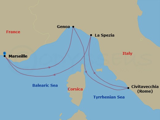 4 Night - Mediterranean - MSC World Europa - Starting in Marseille (Provence), France, Genoa (Portofino), Italy, Civitavecchia (Rome), Italy, La Spezia (Cinque Terre), Italy, Marseille (Provence), France itinerary map