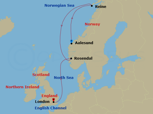8 Night - Alesund to London - World Voyager - Starting in Alesund, Reine (Lofoten Islands), Norway, Rosendal, London (Tower Bridge) itinerary map