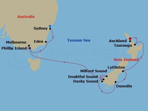 14 Night - Sydney City Highlights Pre Cruisetour - Norwegian Spirit Tours - Starting in At Hotel, Sydney AU, Eden, Australia, Phillip Island (Cowes), Australia, Melbourne, Australia, Cruise Doubtful Sound, New Zealand, Cruise Dusky Sound, New Zealand, Milford Sound, New Zealand, Dunedin, New Zealand, Lyttleton, New Zealand, Tauranga, New Zealand, Auckland, New Zealand itinerary map